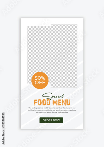 Clean and Creative Instagram Story Template Featuring Tasty Food Menu Design for Social Media Marketing