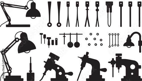 Adjustable Desk Lamps, Carving Tools, Fasteners, and Industrial Stand Silhouettes for Technical and Workshop Use
