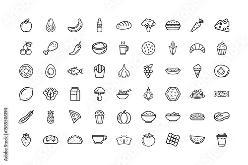 Variety of Food Icons in Black and White Outline Style