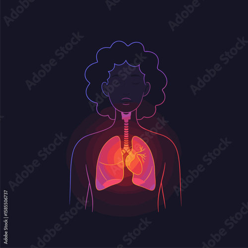 Human Lungs and Heart Anatomy Illustration. Respiratory and Cardiovascular System Health Concept on Dark Background.