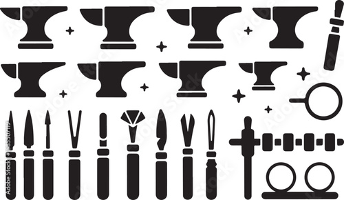 Black and White Icon Set of Craftsmanship Tools Featuring Anvils, Chisels, Pliers, Rings, and Magnifying Glass for Metalworking and Jewelry Making