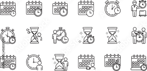 Collection of outline icons representing time management planning scheduling and deadlines