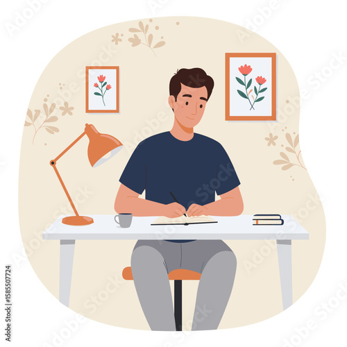 Focused Young Man Writing or Drawing at a Desk in a Home Setting