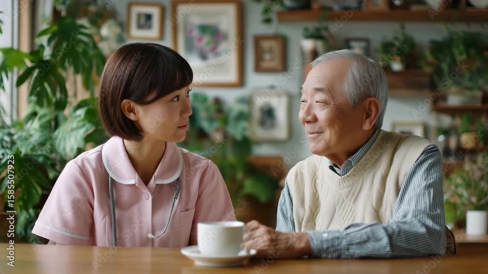介護施設の看護師が高齢男性と穏やかに語らう様子 介護施設の看護師が高齢男性と穏やかに語らう様子