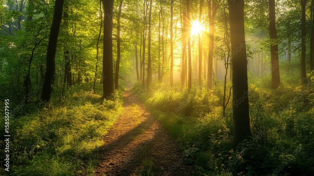 Fototapeta premium A serene forest scene unfolds at dawn, with mist gently drifting through the trees, a moss and fern carpet underfoot, and dew-kissed spider webs, all blending in flawless natural harmony