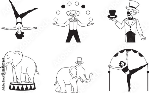 Circus Performers Acrobats Clowns Elephants Show Animals Entertainment Vector Line Art Illustration Design