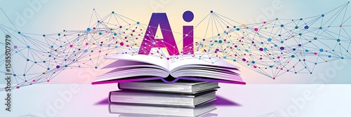 Artificial intelligence concept with open books and ai text connected by digital network
