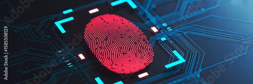 Digital red fingerprint scanner concept on futuristic blue circuit board
