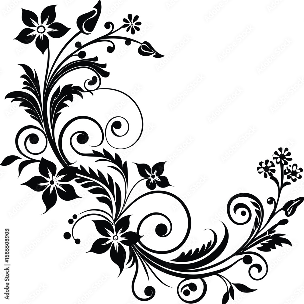 Soft Swirl Floral Corner Design In Silhouette Soft Swirl Floral Corner Design In Silhouette