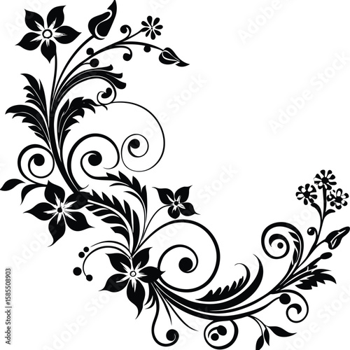 Soft Swirl Floral Corner Design In Silhouette