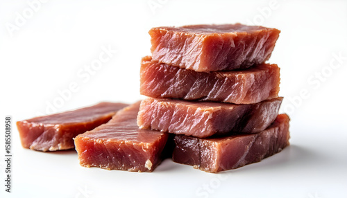 Seared tuna steak pieces stacked high isolated on transparent background