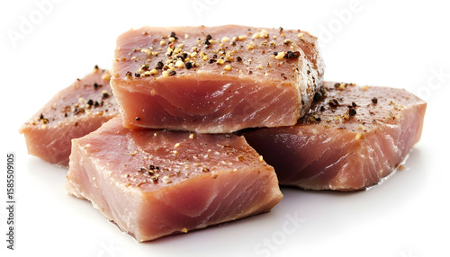 Seared tuna steak pieces stacked high isolated on transparent background
