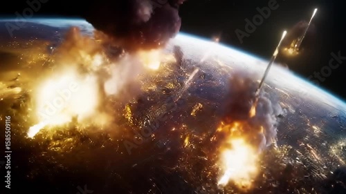 Cities Being Hit by Nuclear Missiles from Orbit. Nuclear War Related AI Concept.