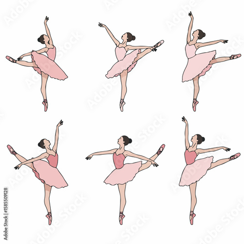Collection of elegant ballet dancer illustrations showcasing various poses and movements in pink costume.