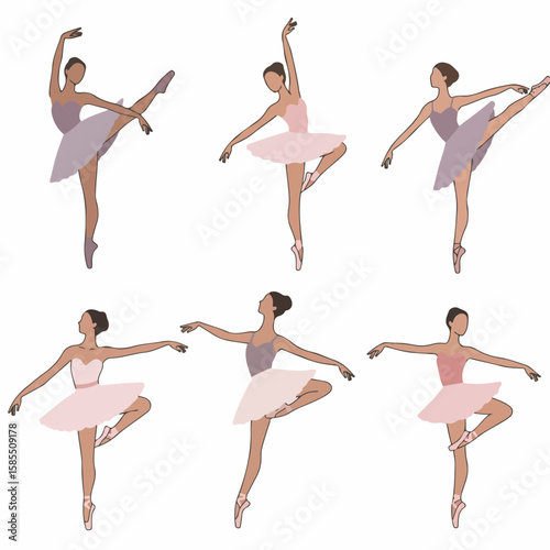 Elegant minimalist ballerina illustrations in various ballet poses, showcasing grace, dance, and artistic movement on white.