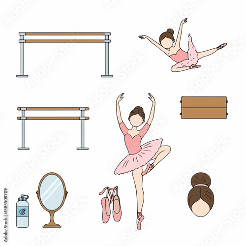 Ballet Dancers and Essential Equipment: A Comprehensive Illustration Set Featuring Pointe Shoes, Barres, Mirror, and Hydration Bottle for Dance Studio Concepts