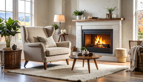 Cozy Living Room with Fireplace and Cream Armchair