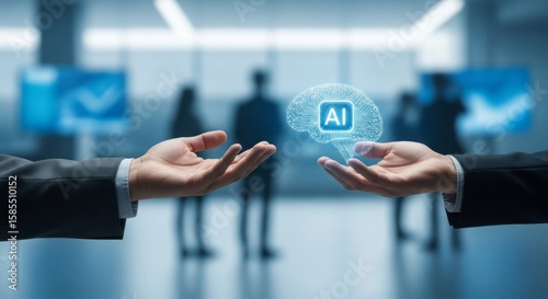 Business professionals exchanging AI concepts in a modern office with digital displays in the background