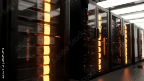 A futuristic data center corridor with rows of powerful server racks glowing with orange lights