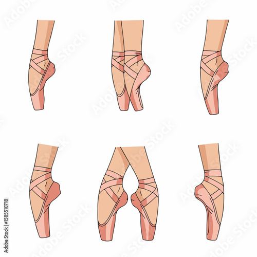 Vector illustrations of ballerina feet in pink pointe shoes, showcasing various graceful positions for dance, performance, and artistic concepts.