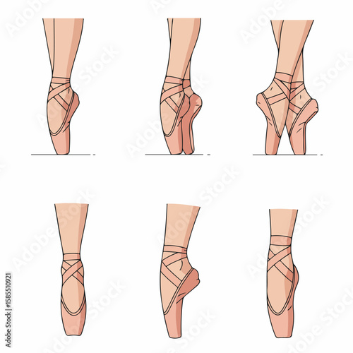 Collection of Ballet Dancer's Feet in Pink Pointe Shoes, Illustrating Various Dance Poses and Positions, Isolated on a White Background.
