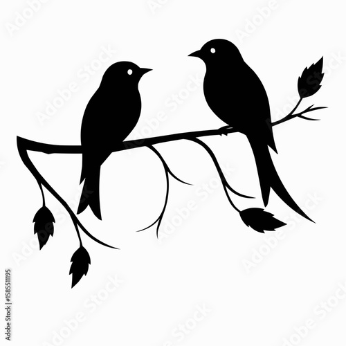 Silhouetted Birds on Leafy Branch in Natural Light