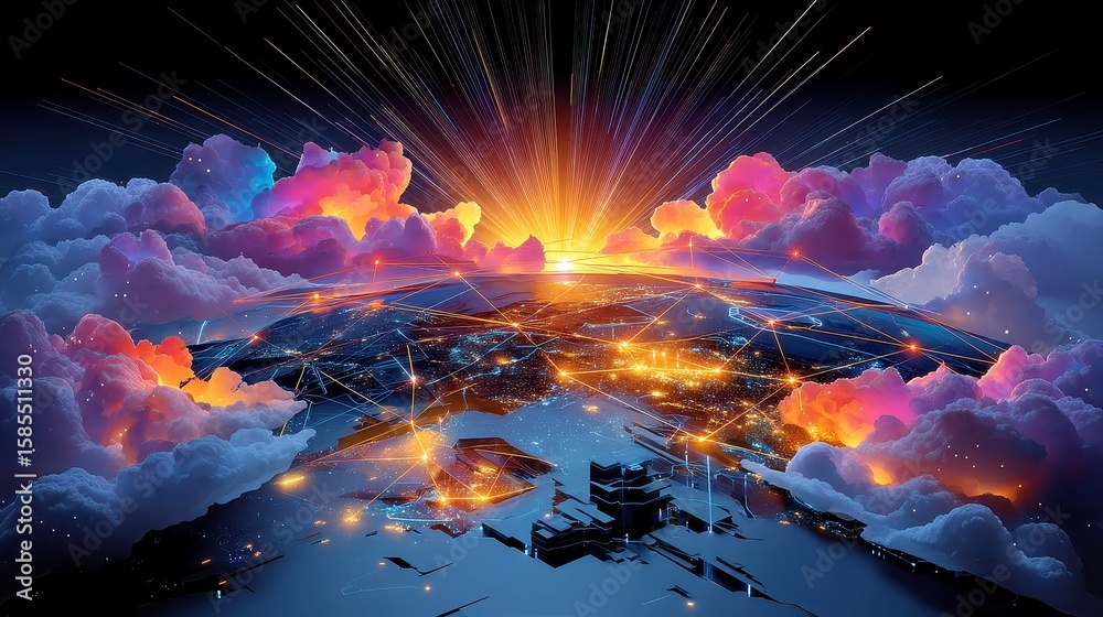Fototapeta premium Digital network of illuminated servers and cloud connections suspended above a stylized Earth model, futuristic backdrop, expansive perspective