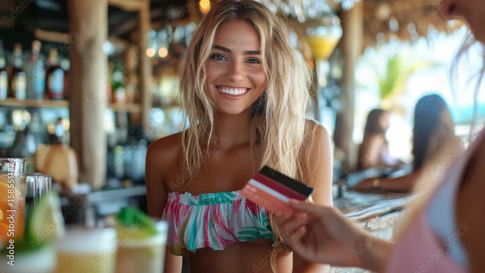 Woman enjoys drinks at tropical bar during sunny day by the beach Woman enjoys drinks at tropical bar during sunny day by the beach