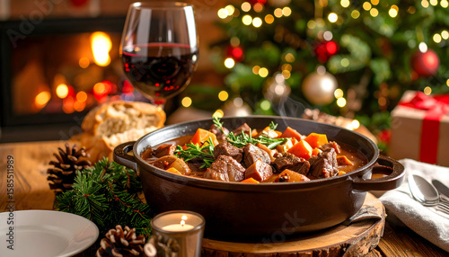 Warm Beef Stew Christmas Dinner with Red Wine
