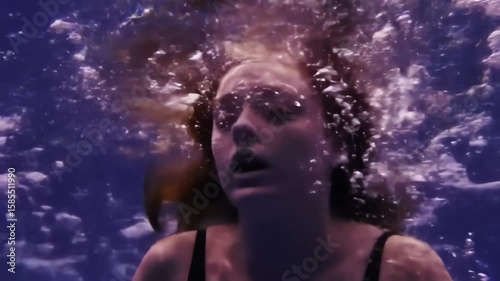 Dramatic underwater view of a young woman sinking and struggling surrounded by rising bubbles