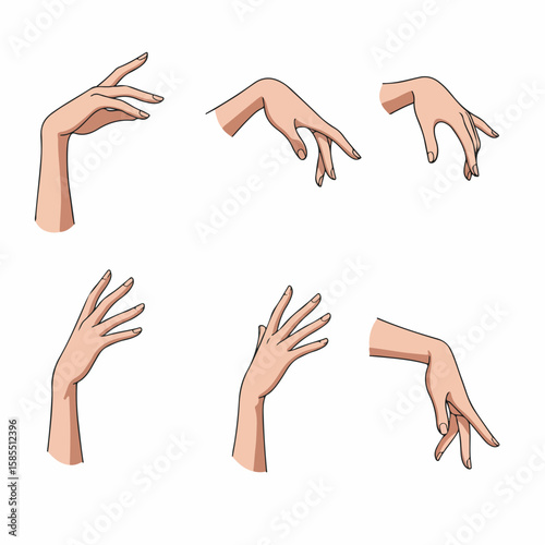 Elegant anime-style female hands in various graceful gestures and poses, isolated on white background, ideal for illustration or design elements.