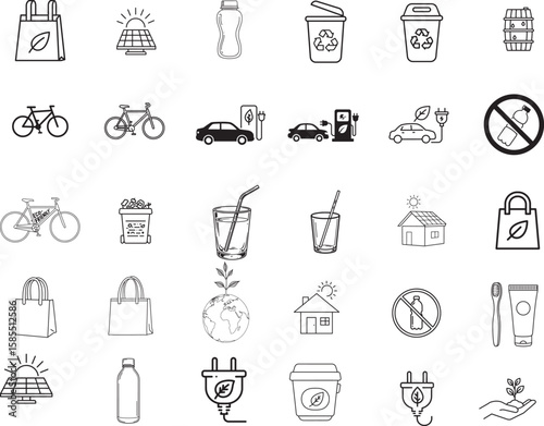 Vector set of eco-friendly line icons. Collection of hand-drawn symbols for sustainability, recycling, and renewable energy. Includes solar panels, electric cars, and zero waste concepts.