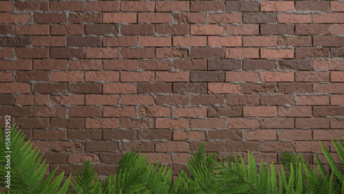 A red brick wall with visible mortar joints serves as a rustic background, displaying natural rough textures and subtle color variations, accented by green fern leaves at the bottom