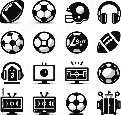 A dynamic set of soccer icons featuring footballs, goals, and team symbols perfect for sports game design and championship illustrations
