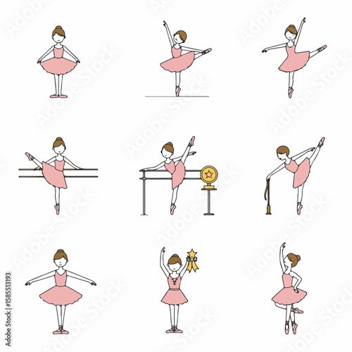 Set of vector illustrations featuring a charming ballerina in various elegant poses, performing ballet steps, practicing with a barre, and celebrating achievement.