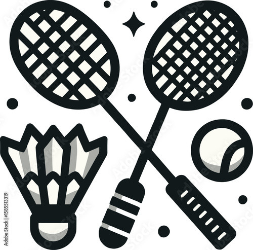 Sports Rackets with Balls and Shuttlecock and Retro Audio Equipment Icons