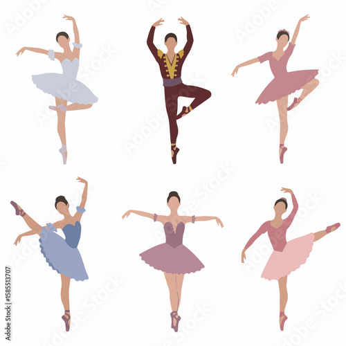 Collection of professional ballet dancers in traditional costumes, showcasing various elegant poses and movements on white background.
