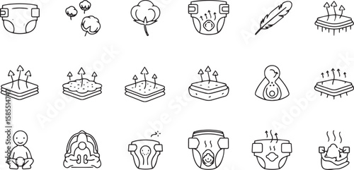 Collection of line icons representing diaper features and materials