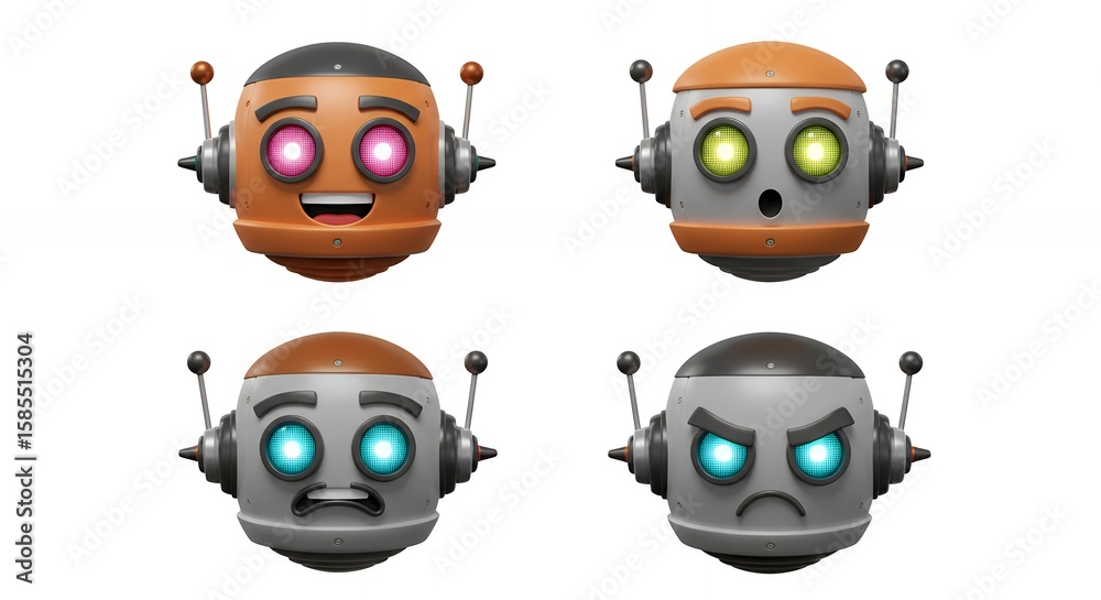 Fototapeta premium Collection of 3 d cartoon robot emojis with different expressions