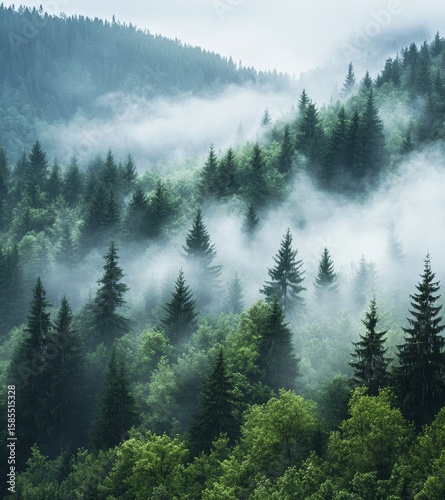 A misty fir forest is seen from above with sunlight glowing through the fog at sunrise, creating a scenic and dreamy natural landscape