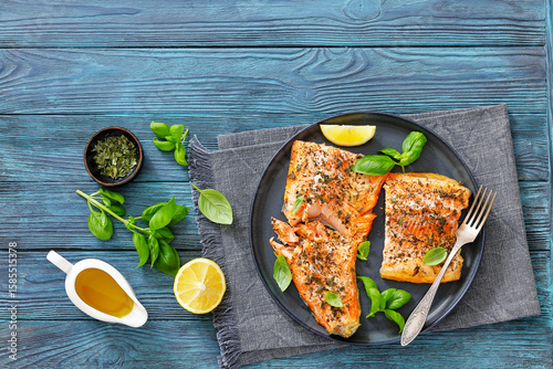 grilled salmon fillets with skin-on, top view