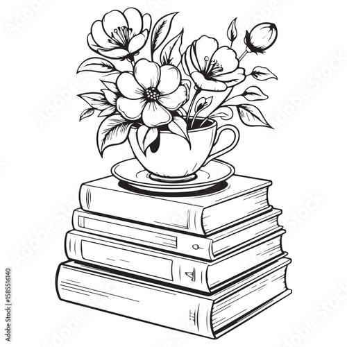 A delicate black and white illustration of a stack of vintage books topped with a teacup filled with blooming flowers and leaves