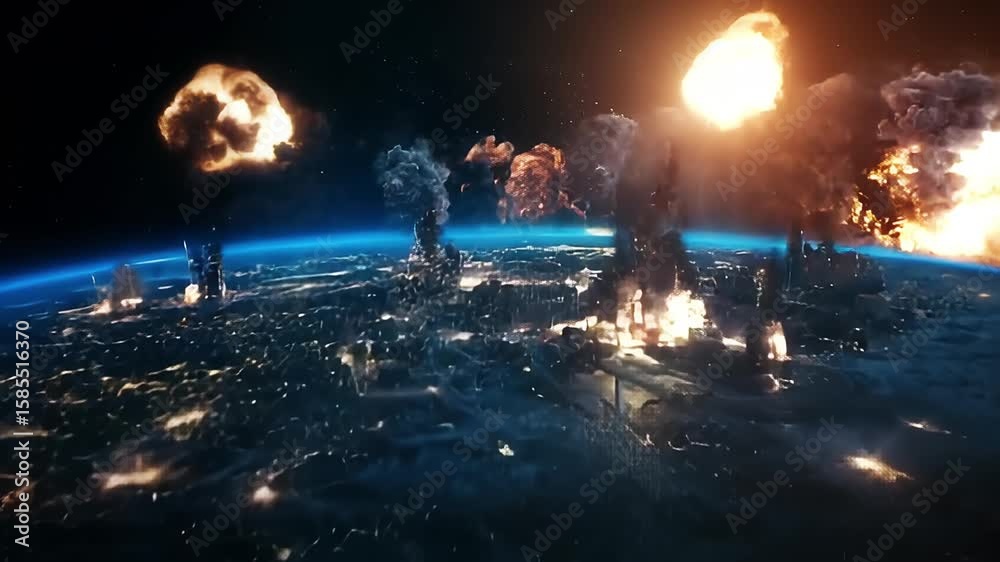 Incoming Missiles Leveling Urban Landscapes from Space. Nuclear War Related AI Concept.