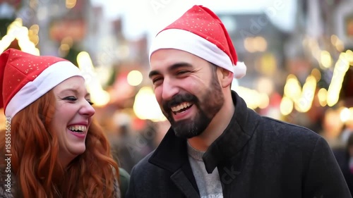 A happy couple wearing Santa hats laugh together at a festive outdoor Christmas market