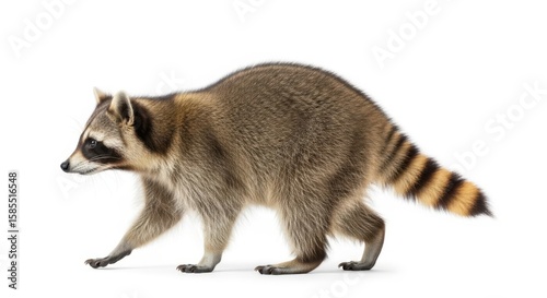 A detailed side profile of a raccoon walking against a clean white background