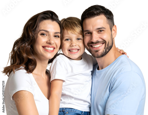 Happy family of three smiling at the camera, isolated transparent background.