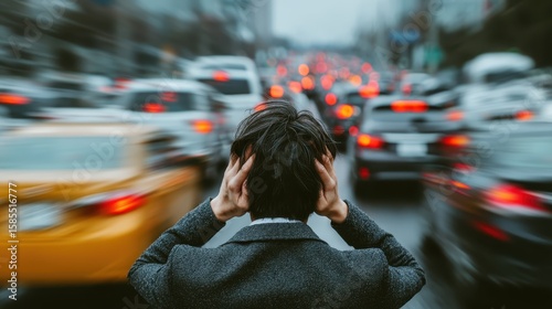 Man Overwhelmed by City Traffic