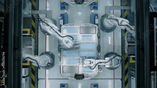 Top View of Automated Production Line with White Robotic Arms at Factory. Time-Lapse of Industrial Robot Arms Assemble Lithium-Ion EV Battery Pack for Automotive Industry. Smart Manufacturing Line