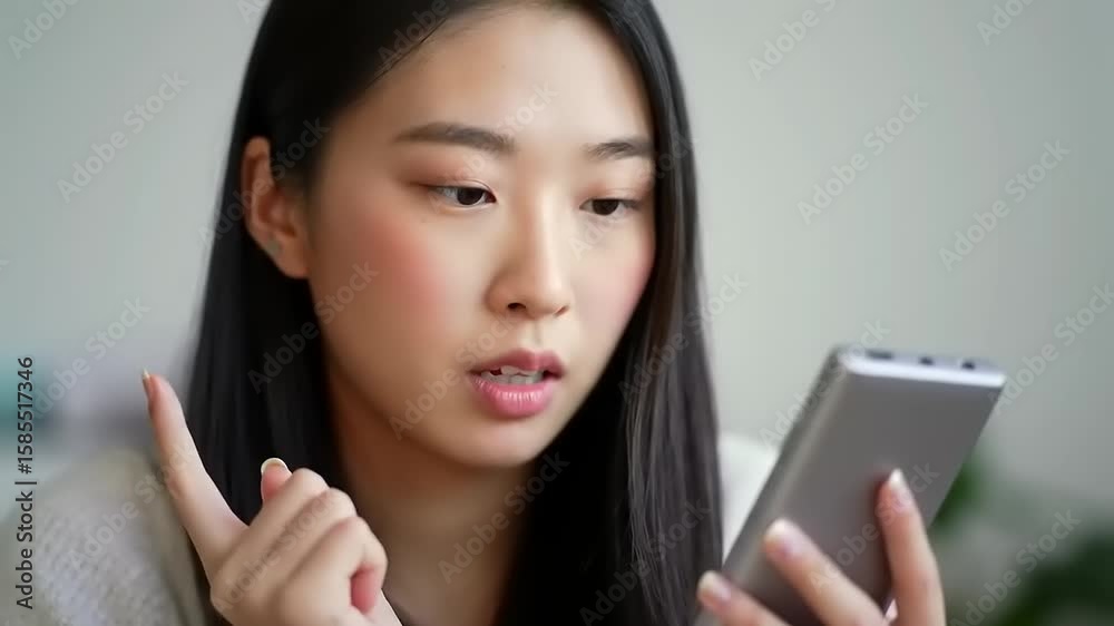 Young woman focused on her smartphone, sitting in a cozy indoor space with soft lighting Young woman focused on her smartphone, sitting in a cozy indoor space with soft lighting