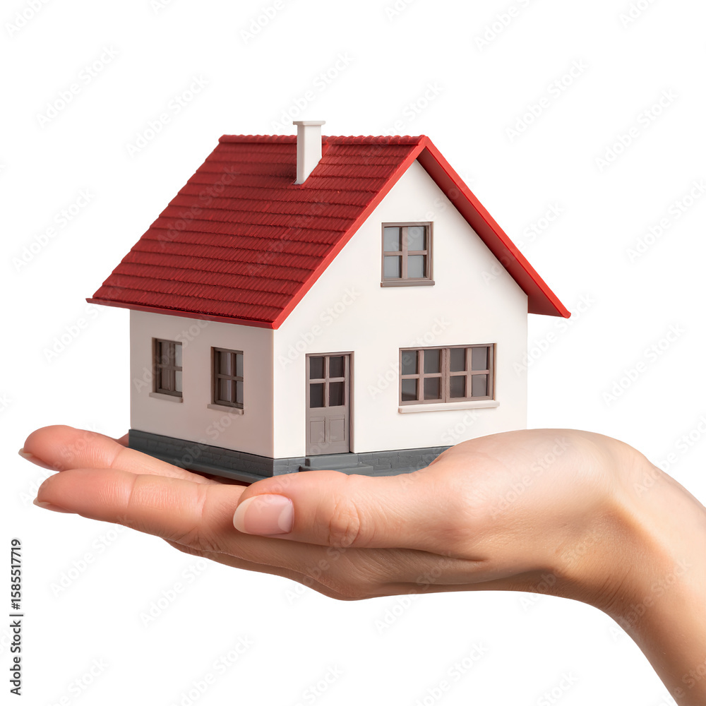 Human Hand Gently Holding a Small Model House, Front View, Isolated on Transparent PNG Human Hand Gently Holding a Small Model House, Front View, Isolated on Transparent PNG